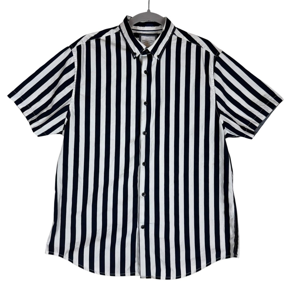 Denim‎ & Flower Shirt Mens Large Blue Stripe Short Sleeve Button Down Slim Fit